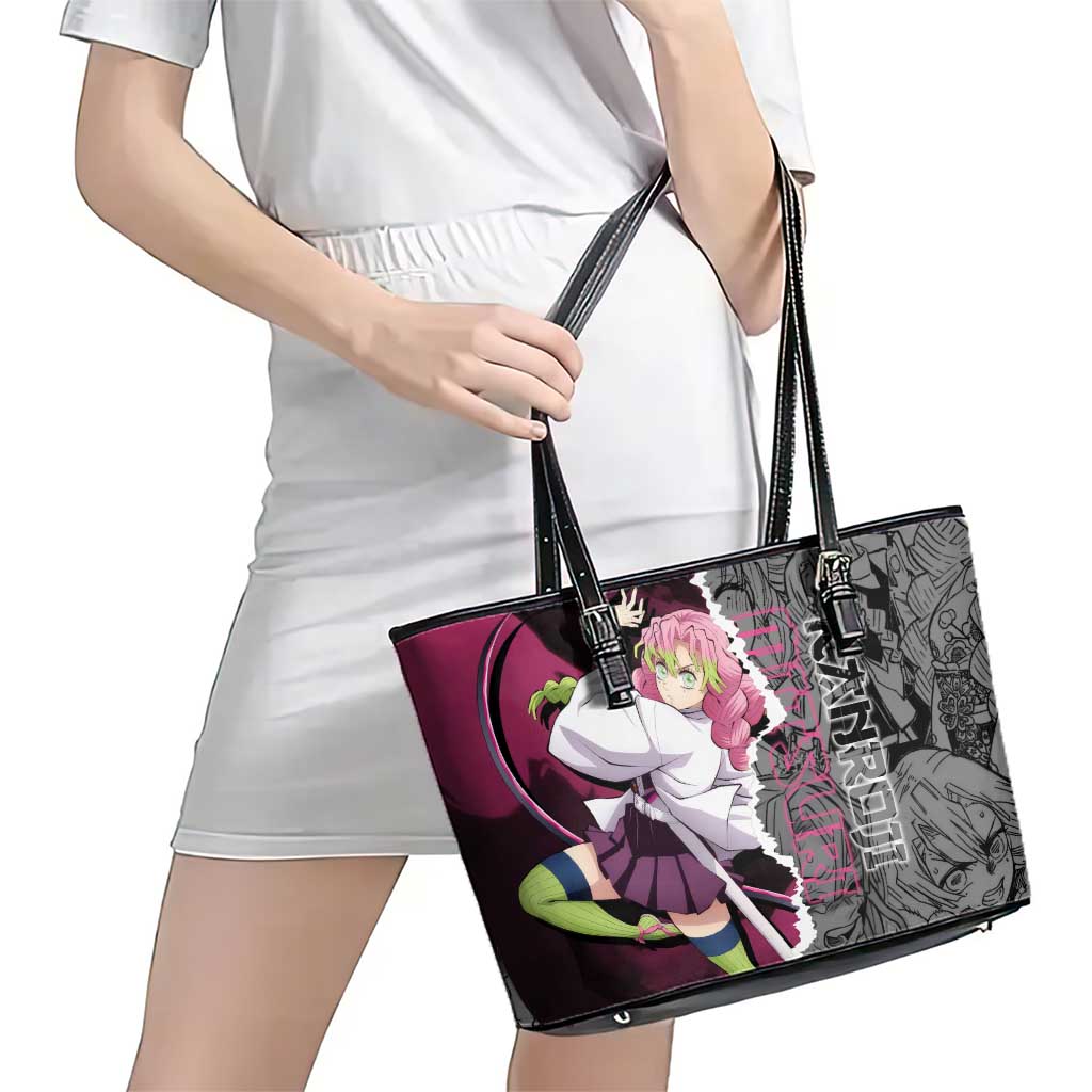 Mitsuri Kanroji Demon Slayer Pink and Black Design Leather Tote Bag with Manga Panels and Love Hashira Theme - The Mazicc
