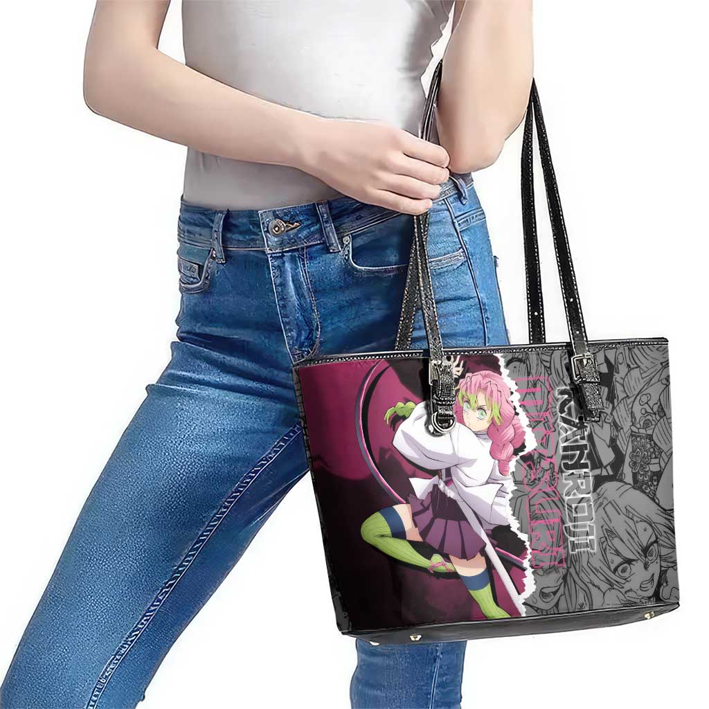 Mitsuri Kanroji Demon Slayer Pink and Black Design Leather Tote Bag with Manga Panels and Love Hashira Theme - The Mazicc
