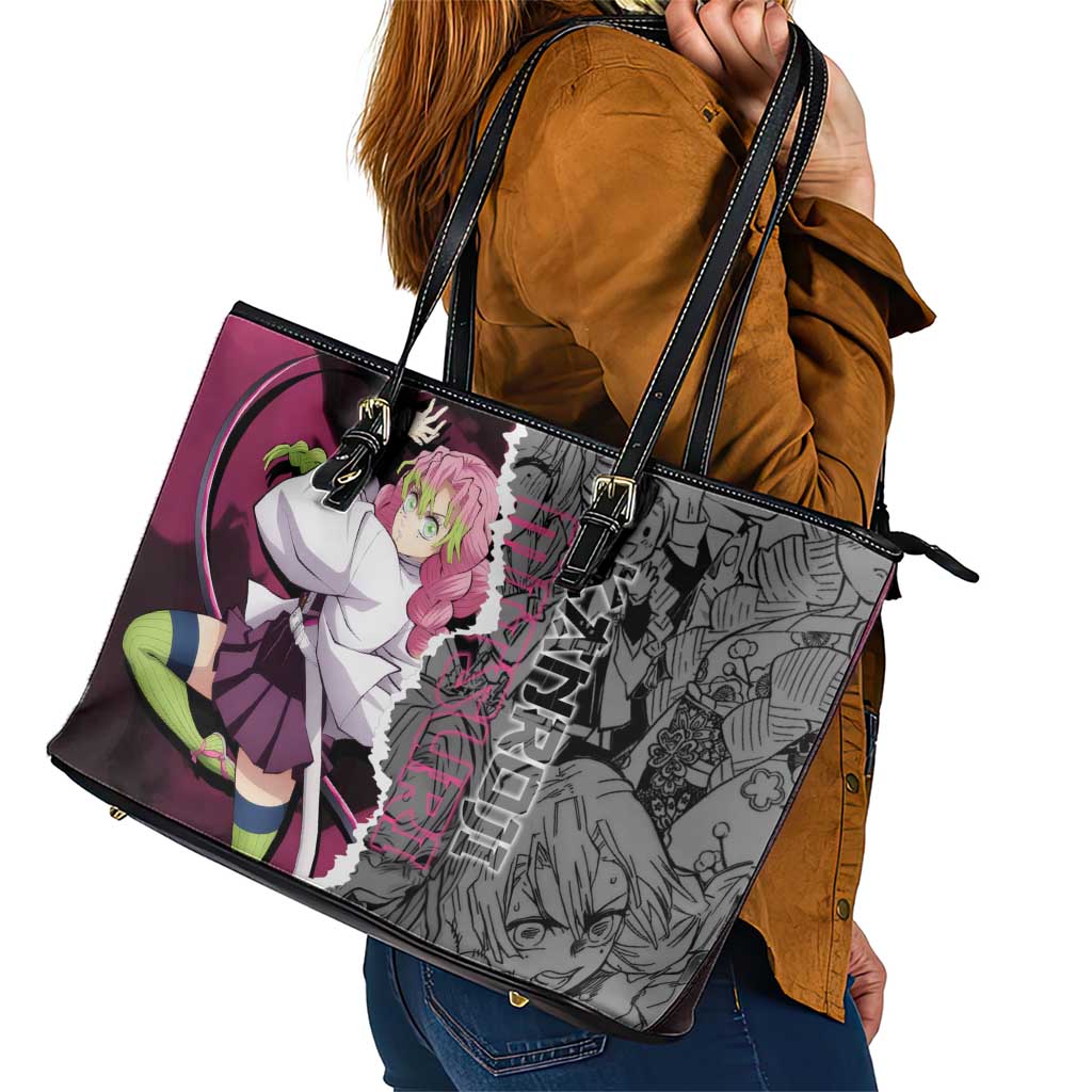 Mitsuri Kanroji Demon Slayer Pink and Black Design Leather Tote Bag with Manga Panels and Love Hashira Theme - The Mazicc