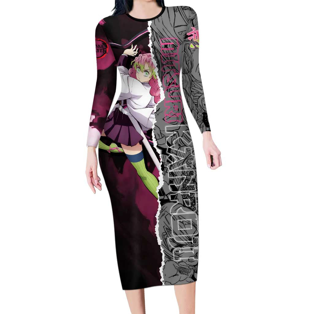 Mitsuri Kanroji Demon Slayer Pink and Black Design Long Sleeve Bodycon Dress with Manga Panels and Love Hashira Theme - The Mazicc