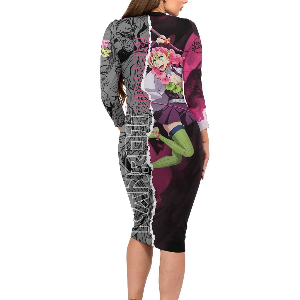 Mitsuri Kanroji Demon Slayer Pink and Black Design Long Sleeve Bodycon Dress with Manga Panels and Love Hashira Theme - The Mazicc