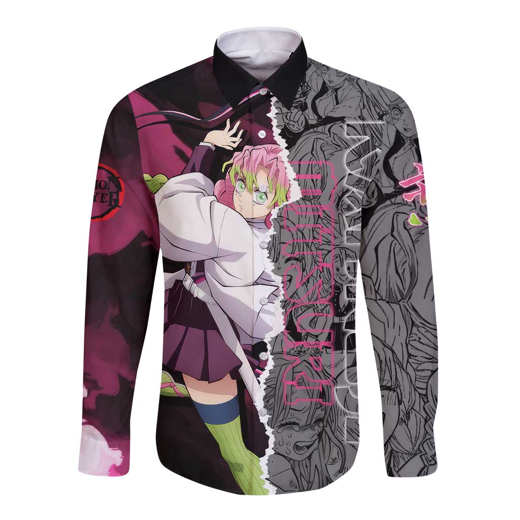 Mitsuri Kanroji Demon Slayer Pink and Black Design Long Sleeve Button Shirt with Manga Panels and Love Hashira Theme - The Mazicc