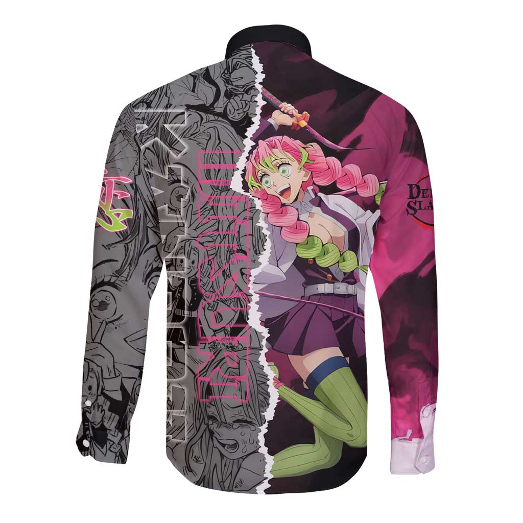 Mitsuri Kanroji Demon Slayer Pink and Black Design Long Sleeve Button Shirt with Manga Panels and Love Hashira Theme - The Mazicc