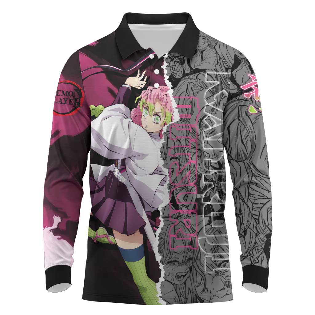 Mitsuri Kanroji Demon Slayer Pink and Black Design Long Sleeve Polo Shirt with Manga Panels and Love Hashira Theme - The Mazicc