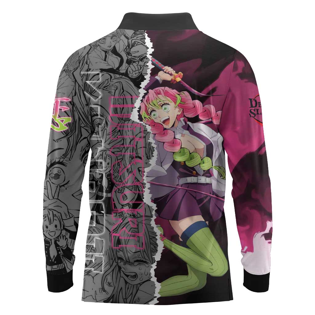 Mitsuri Kanroji Demon Slayer Pink and Black Design Long Sleeve Polo Shirt with Manga Panels and Love Hashira Theme - The Mazicc