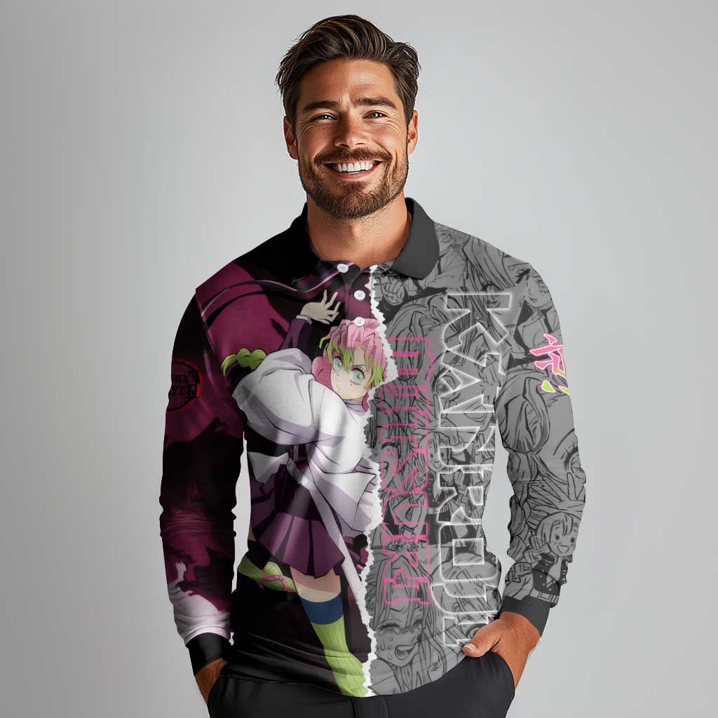 Mitsuri Kanroji Demon Slayer Pink and Black Design Long Sleeve Polo Shirt with Manga Panels and Love Hashira Theme - The Mazicc