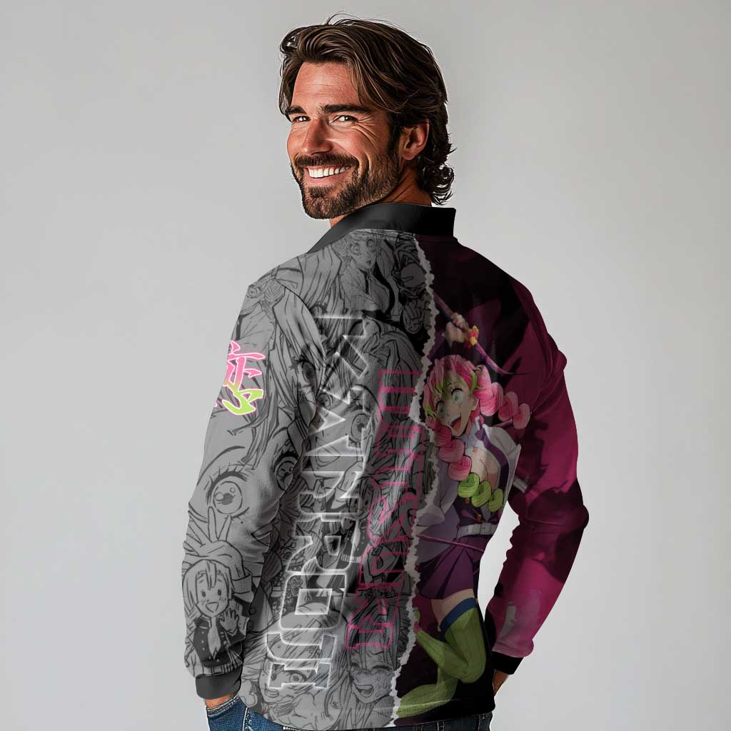 Mitsuri Kanroji Demon Slayer Pink and Black Design Long Sleeve Polo Shirt with Manga Panels and Love Hashira Theme - The Mazicc