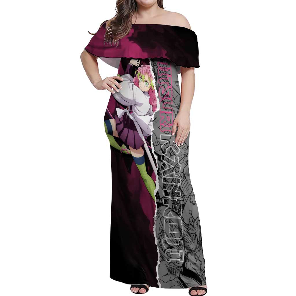 Mitsuri Kanroji Demon Slayer Pink and Black Design Off Shoulder Maxi Dress with Manga Panels and Love Hashira Theme - The Mazicc