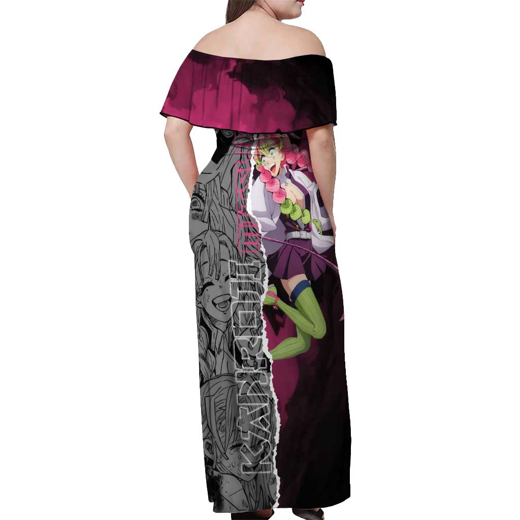 Mitsuri Kanroji Demon Slayer Pink and Black Design Off Shoulder Maxi Dress with Manga Panels and Love Hashira Theme - The Mazicc