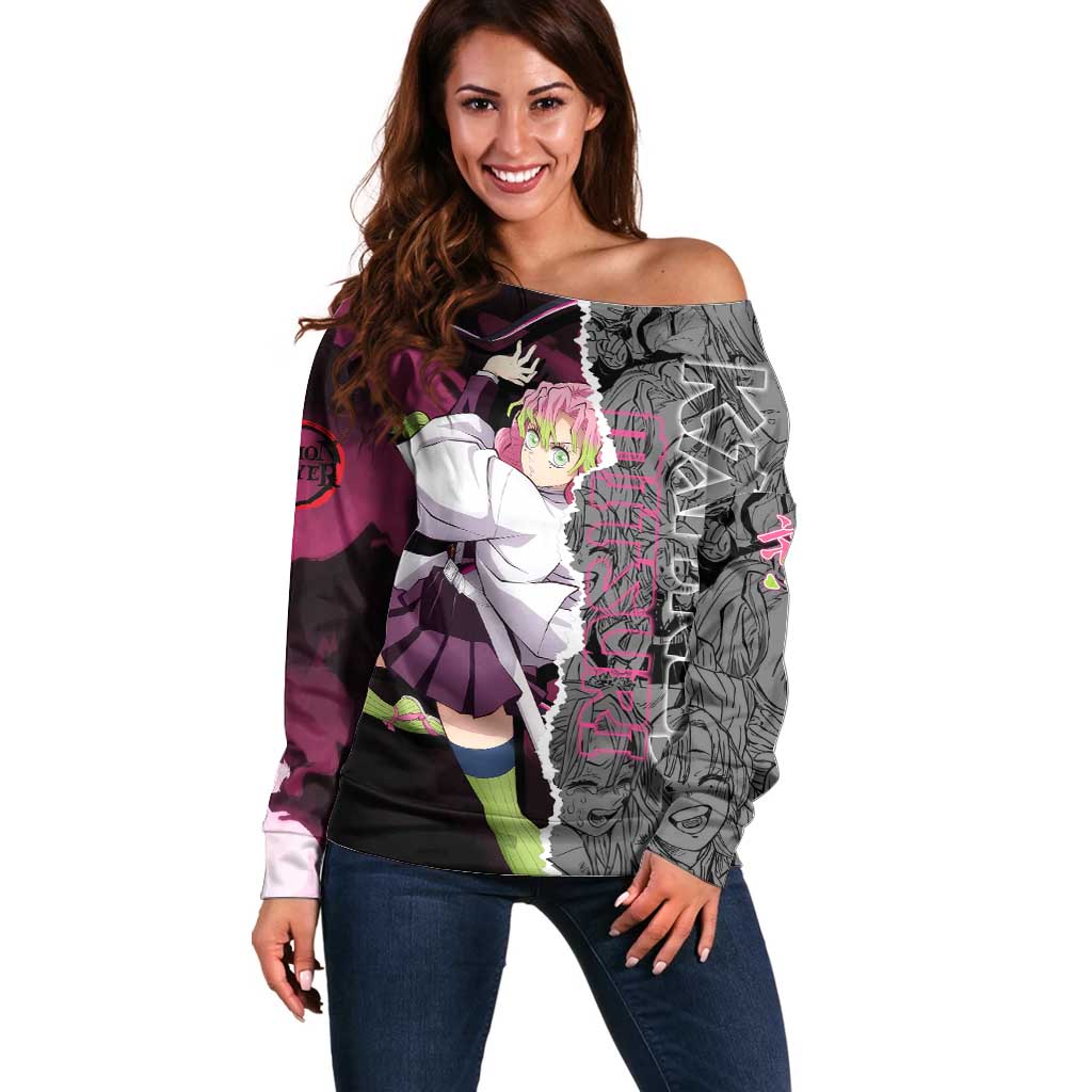 Mitsuri Kanroji Demon Slayer Pink and Black Design Off Shoulder Sweater with Manga Panels and Love Hashira Theme - The Mazicc