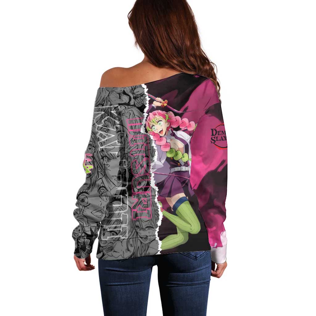 Mitsuri Kanroji Demon Slayer Pink and Black Design Off Shoulder Sweater with Manga Panels and Love Hashira Theme - The Mazicc