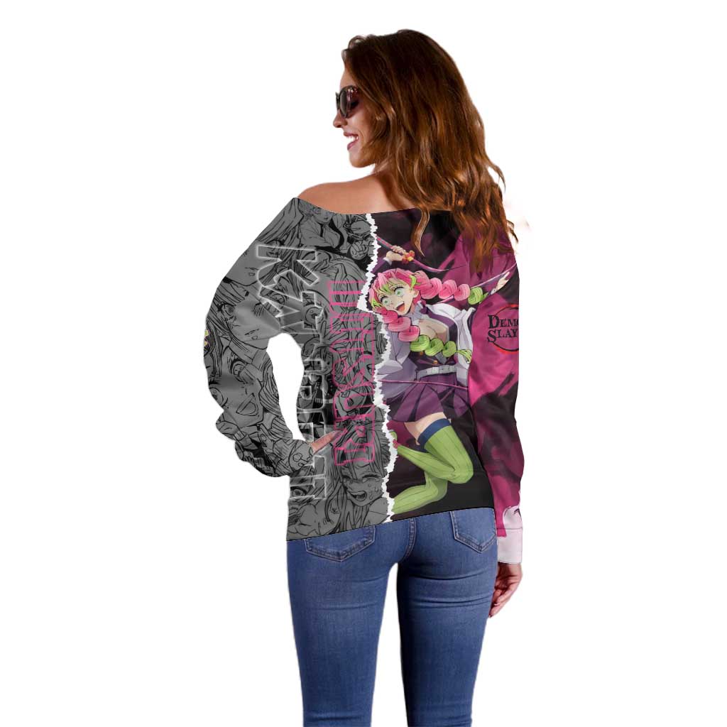 Mitsuri Kanroji Demon Slayer Pink and Black Design Off Shoulder Sweater with Manga Panels and Love Hashira Theme - The Mazicc