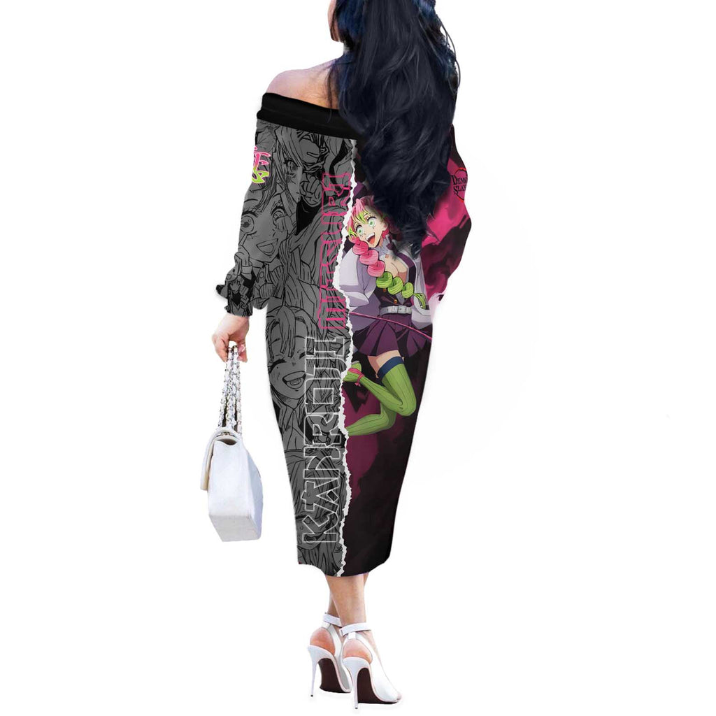 Mitsuri Kanroji Demon Slayer Pink and Black Design Off The Shoulder Long Sleeve Dress with Manga Panels and Love Hashira Theme - The Mazicc