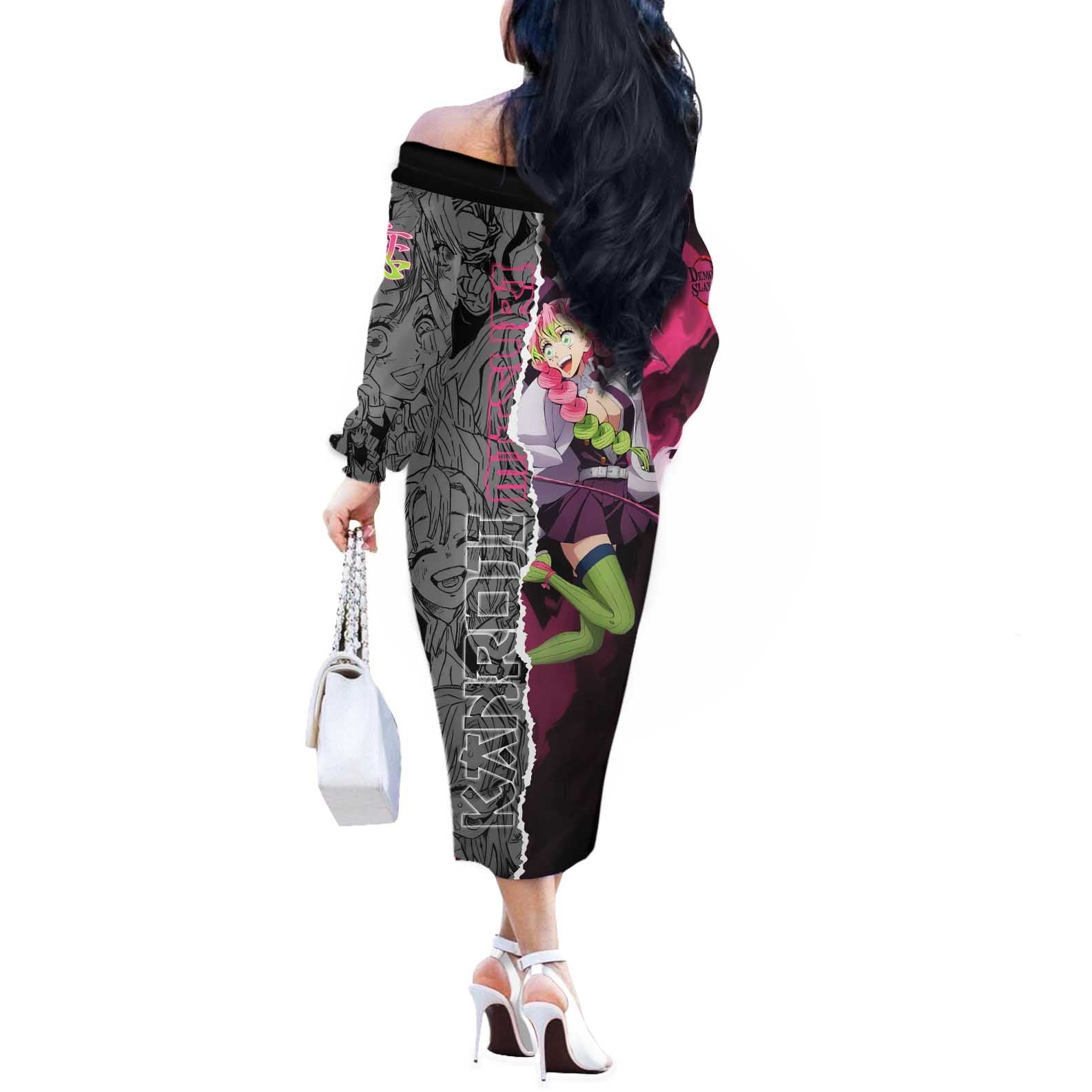 Mitsuri Kanroji Demon Slayer Pink and Black Design Off The Shoulder Long Sleeve Dress with Manga Panels and Love Hashira Theme - The Mazicc