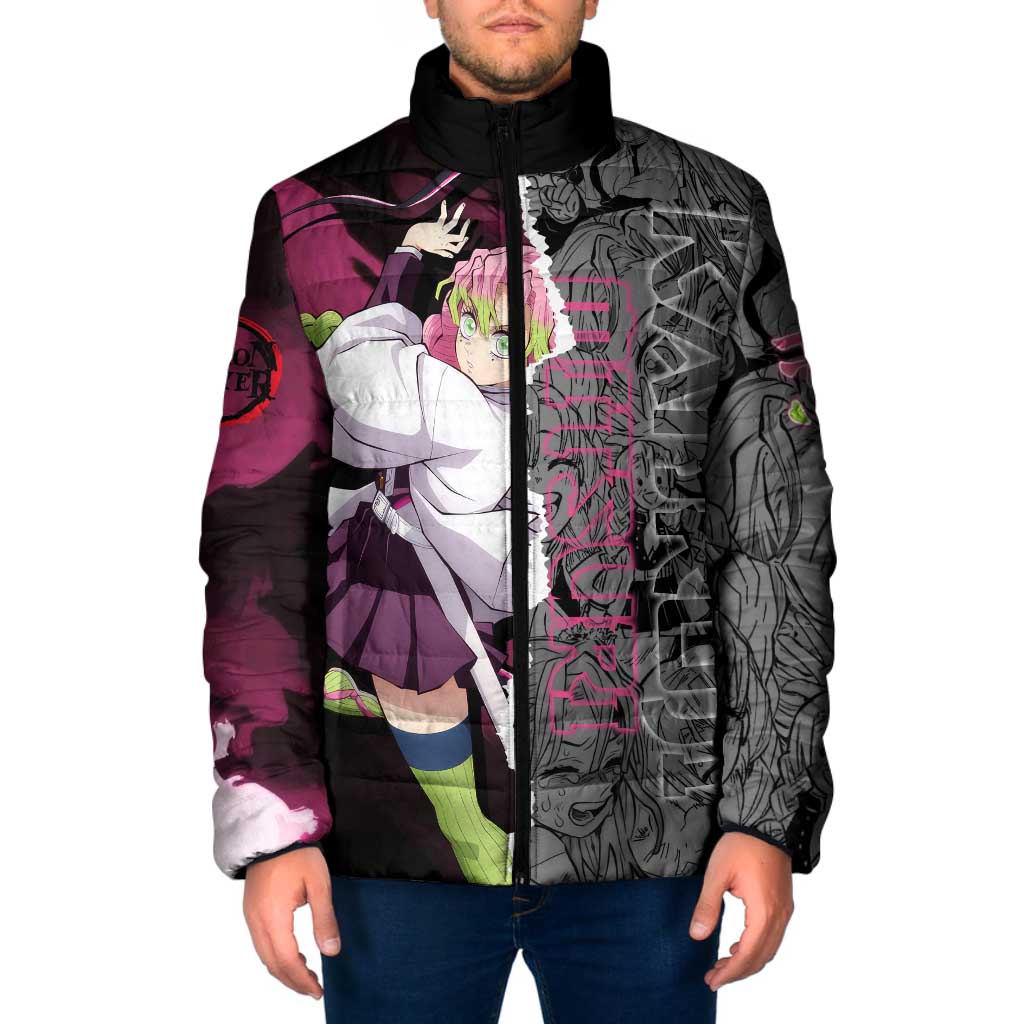 Mitsuri Kanroji Demon Slayer Pink and Black Design Padded Jacket with Manga Panels and Love Hashira Theme - The Mazicc