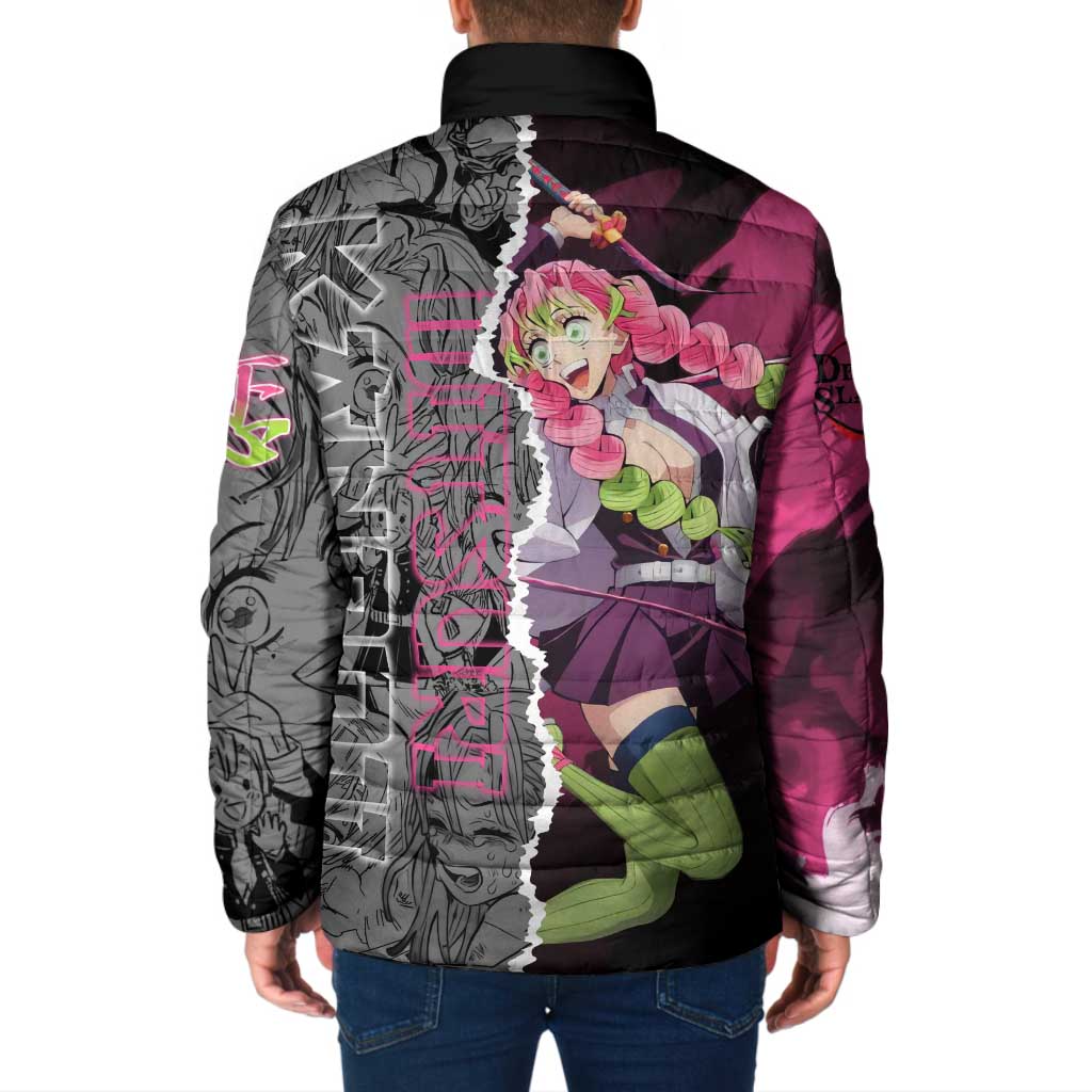 Mitsuri Kanroji Demon Slayer Pink and Black Design Padded Jacket with Manga Panels and Love Hashira Theme - The Mazicc