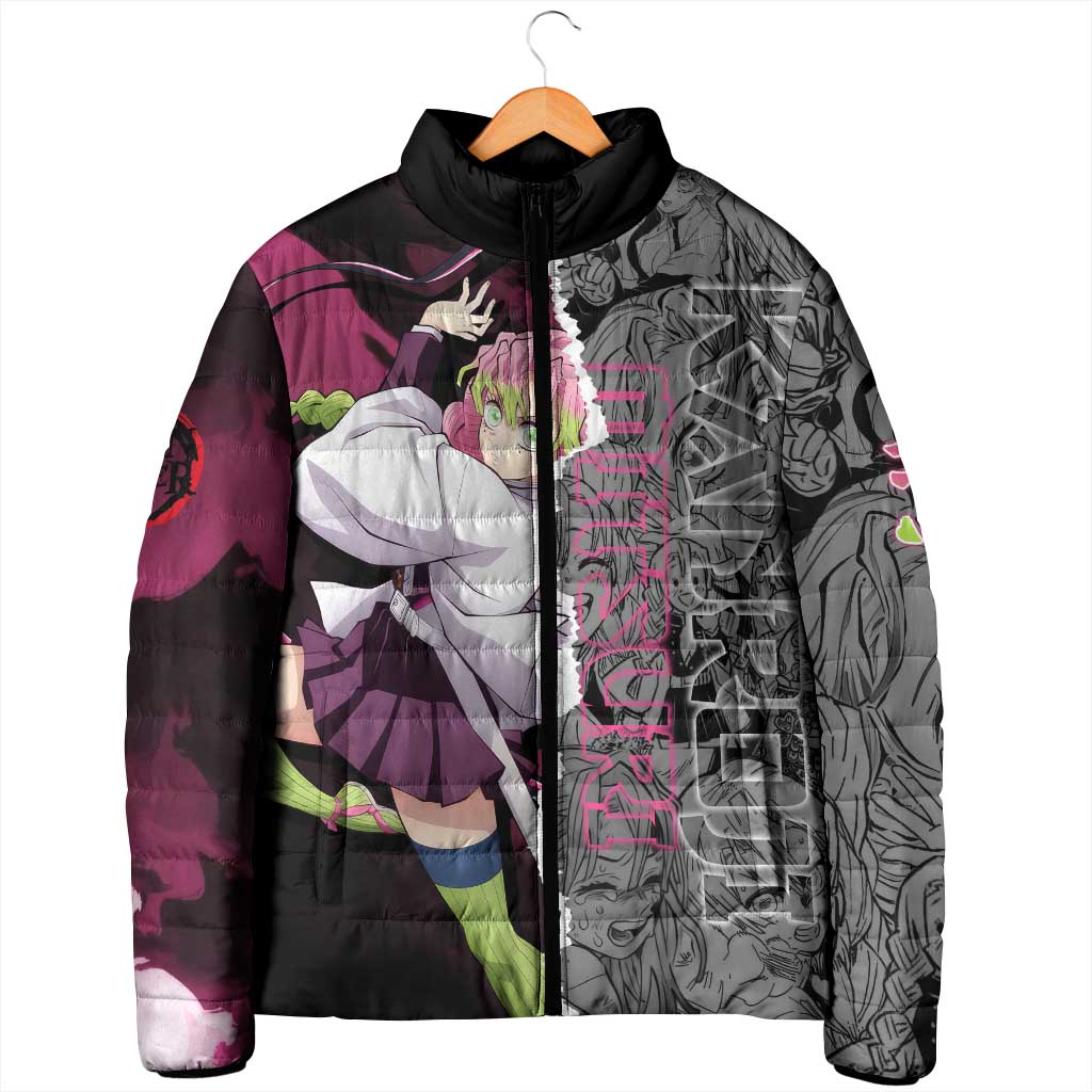 Mitsuri Kanroji Demon Slayer Pink and Black Design Padded Jacket with Manga Panels and Love Hashira Theme - The Mazicc