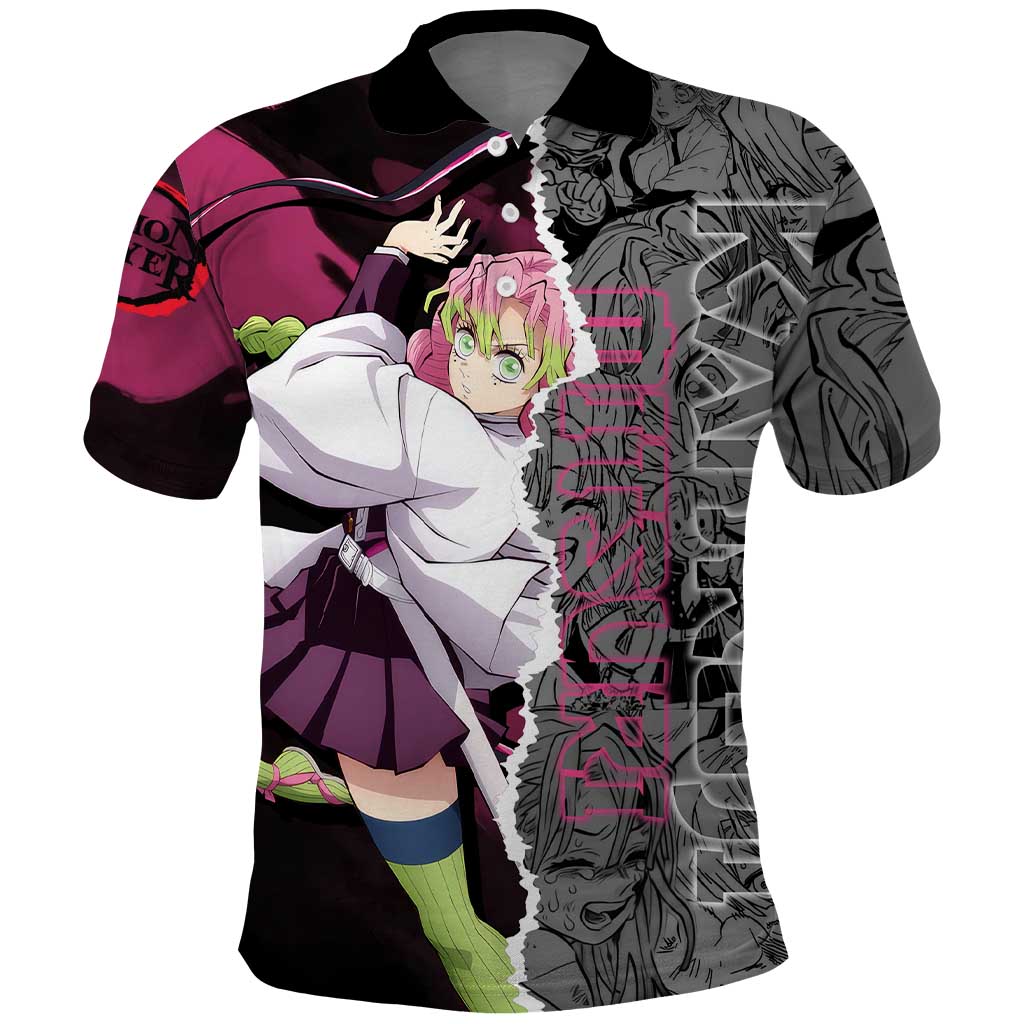 Mitsuri Kanroji Demon Slayer Pink and Black Design Polo Shirt with Manga Panels and Love Hashira Theme - The Mazicc