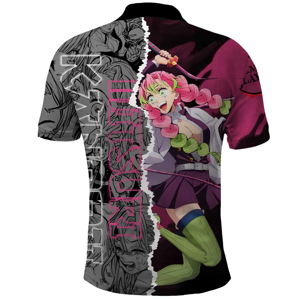 Mitsuri Kanroji Demon Slayer Pink and Black Design Polo Shirt with Manga Panels and Love Hashira Theme - The Mazicc