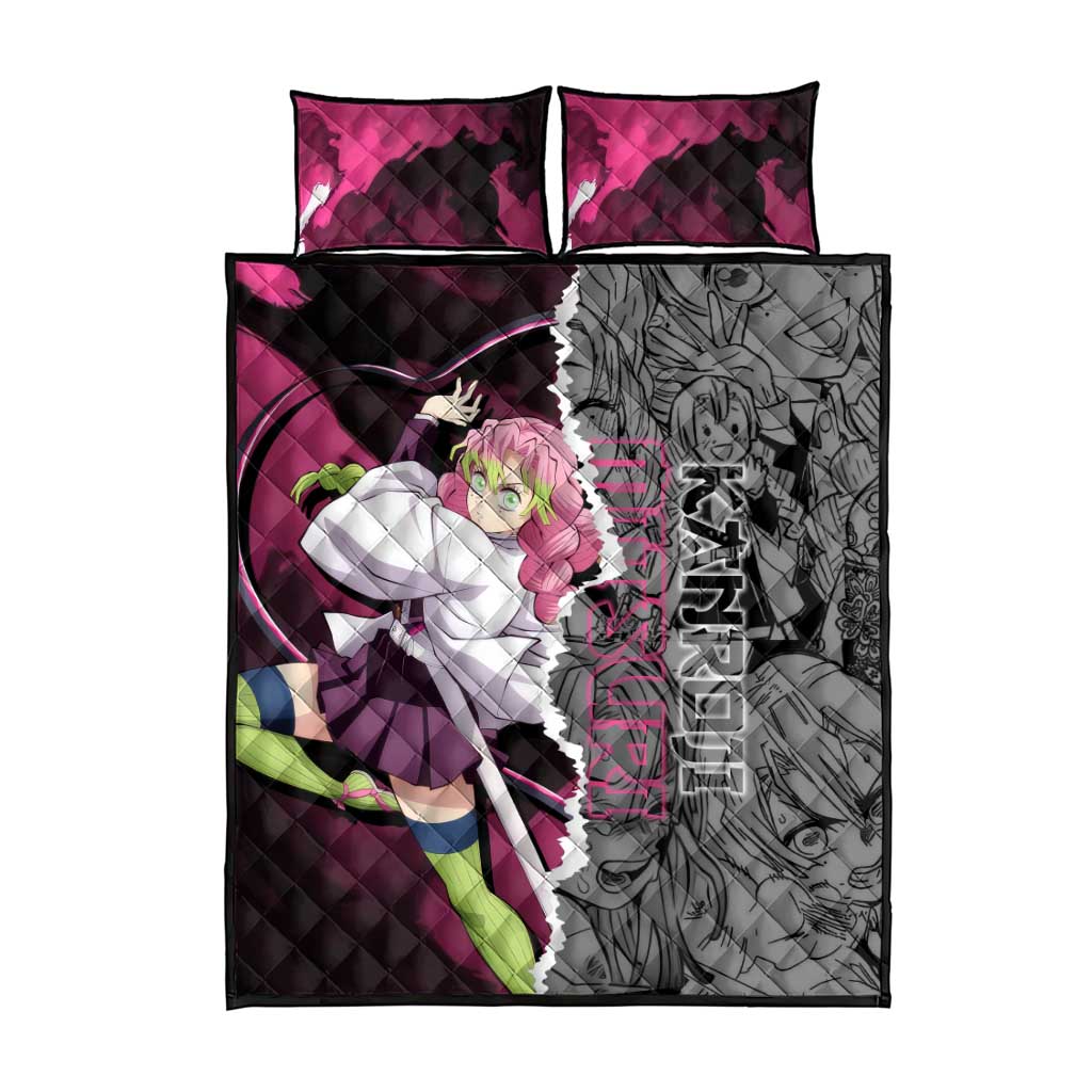 Mitsuri Kanroji Demon Slayer Pink and Black Design Quilt Bed Set with Manga Panels and Love Hashira Theme - The Mazicc