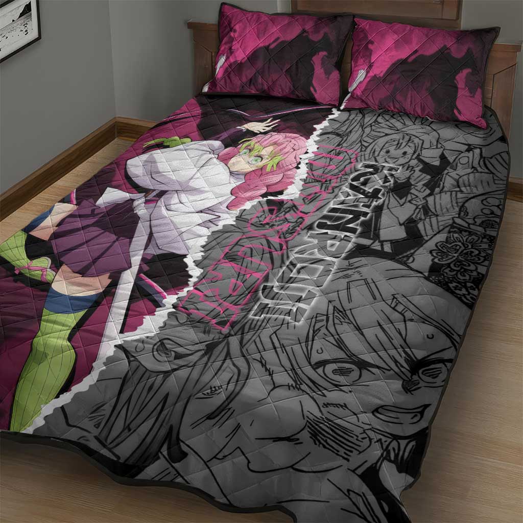 Mitsuri Kanroji Demon Slayer Pink and Black Design Quilt Bed Set with Manga Panels and Love Hashira Theme - The Mazicc