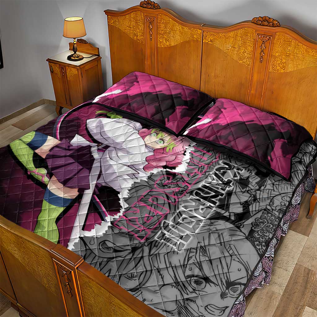 Mitsuri Kanroji Demon Slayer Pink and Black Design Quilt Bed Set with Manga Panels and Love Hashira Theme - The Mazicc