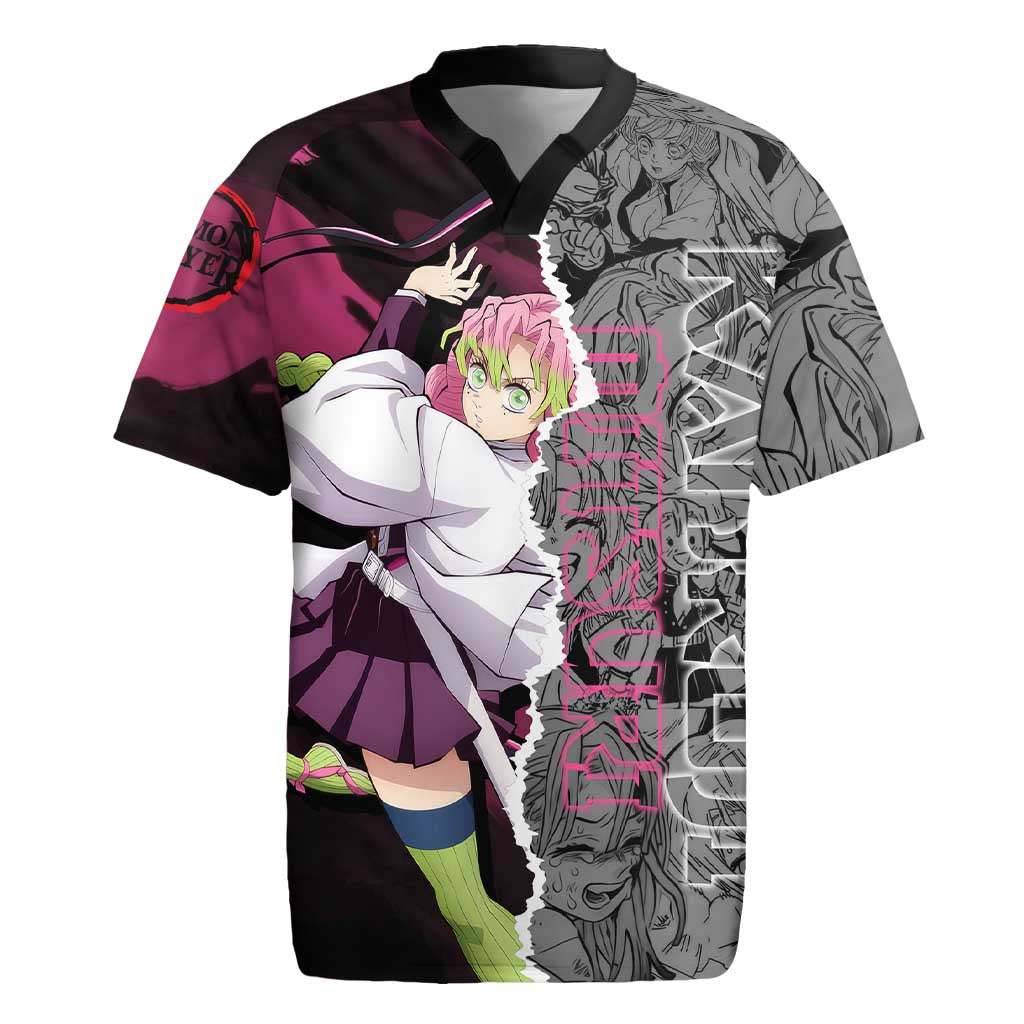 Mitsuri Kanroji Demon Slayer Pink and Black Design Rugby Jersey with Manga Panels and Love Hashira Theme - The Mazicc