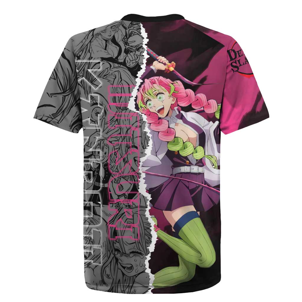 Mitsuri Kanroji Demon Slayer Pink and Black Design Rugby Jersey with Manga Panels and Love Hashira Theme - The Mazicc