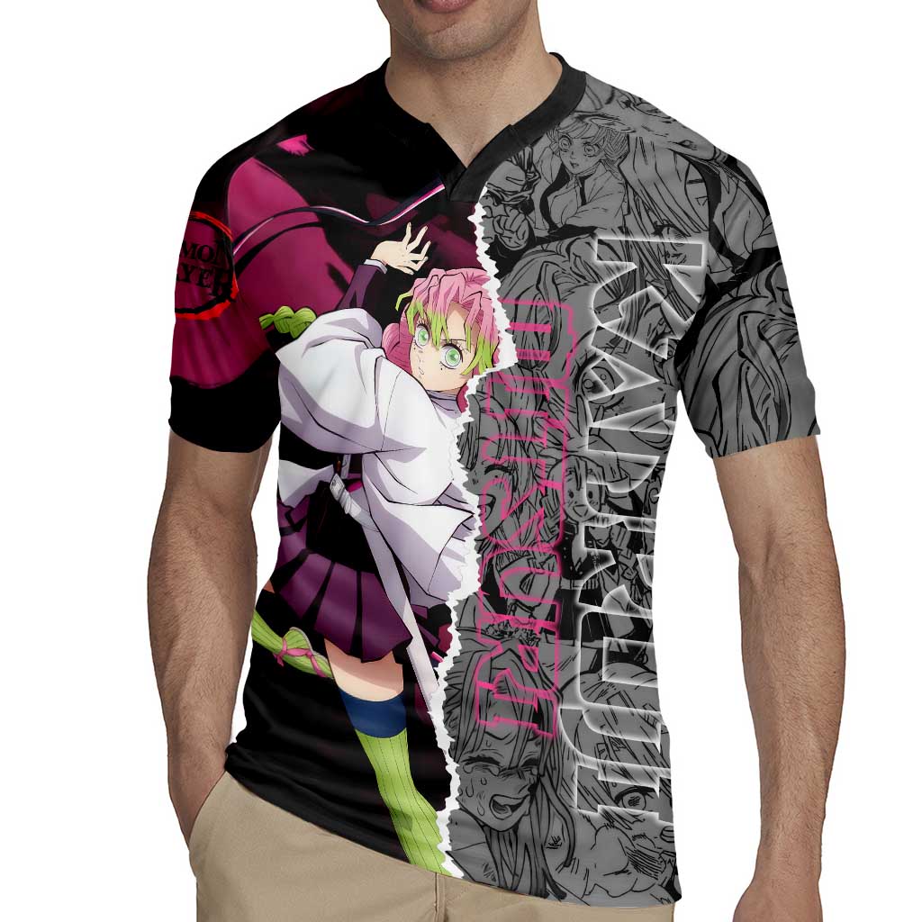 Mitsuri Kanroji Demon Slayer Pink and Black Design Rugby Jersey with Manga Panels and Love Hashira Theme - The Mazicc