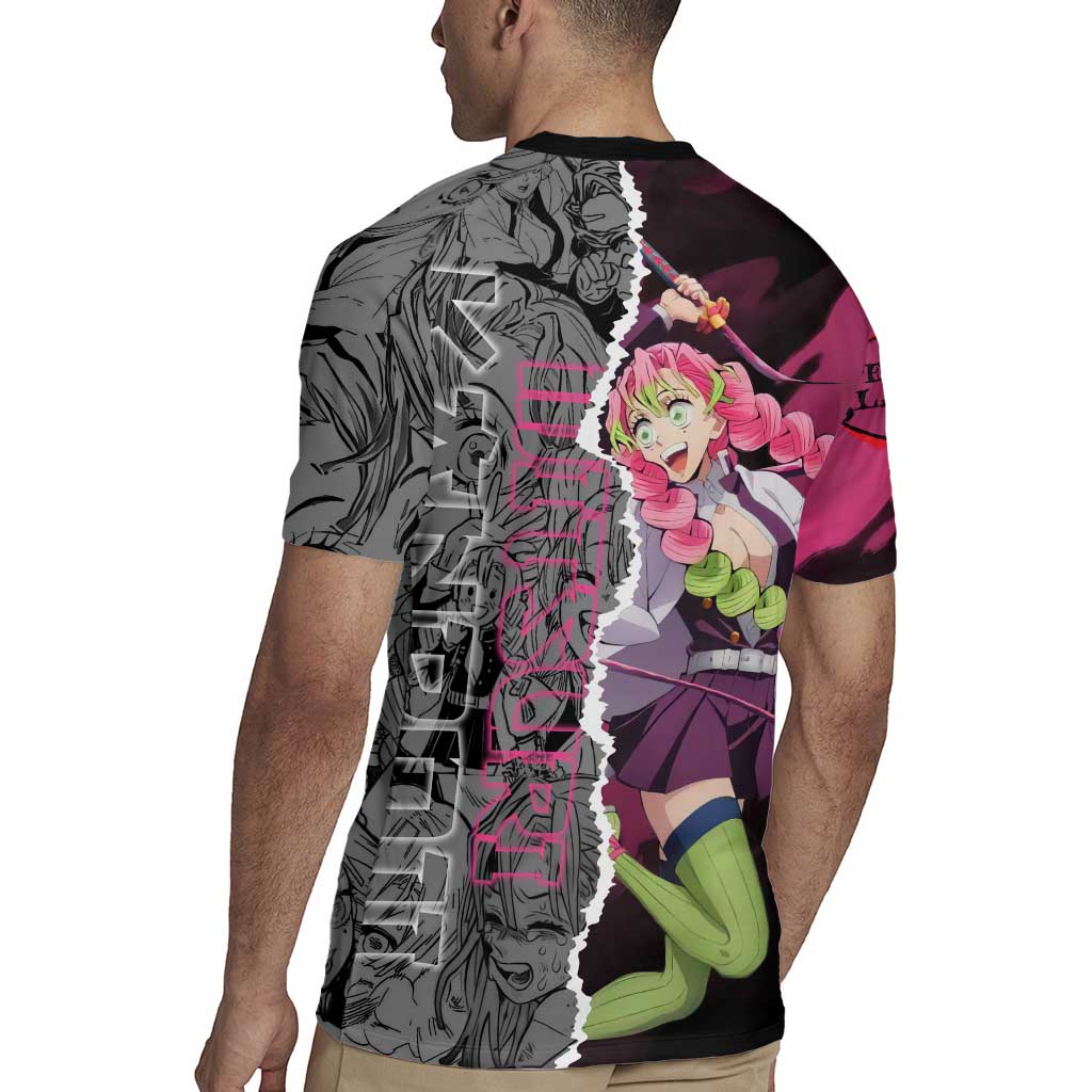 Mitsuri Kanroji Demon Slayer Pink and Black Design Rugby Jersey with Manga Panels and Love Hashira Theme - The Mazicc