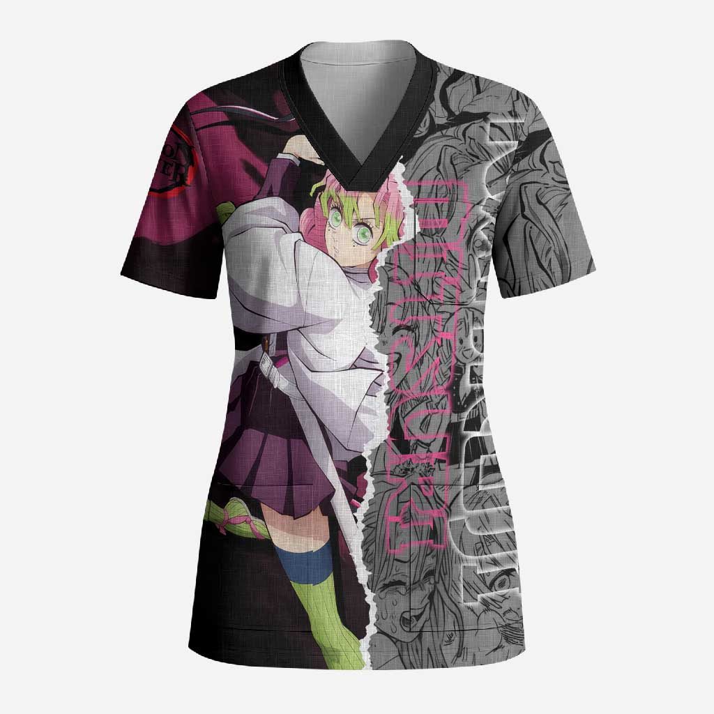 Mitsuri Kanroji Demon Slayer Pink and Black Design Scrub Top with Manga Panels and Love Hashira Theme - The Mazicc