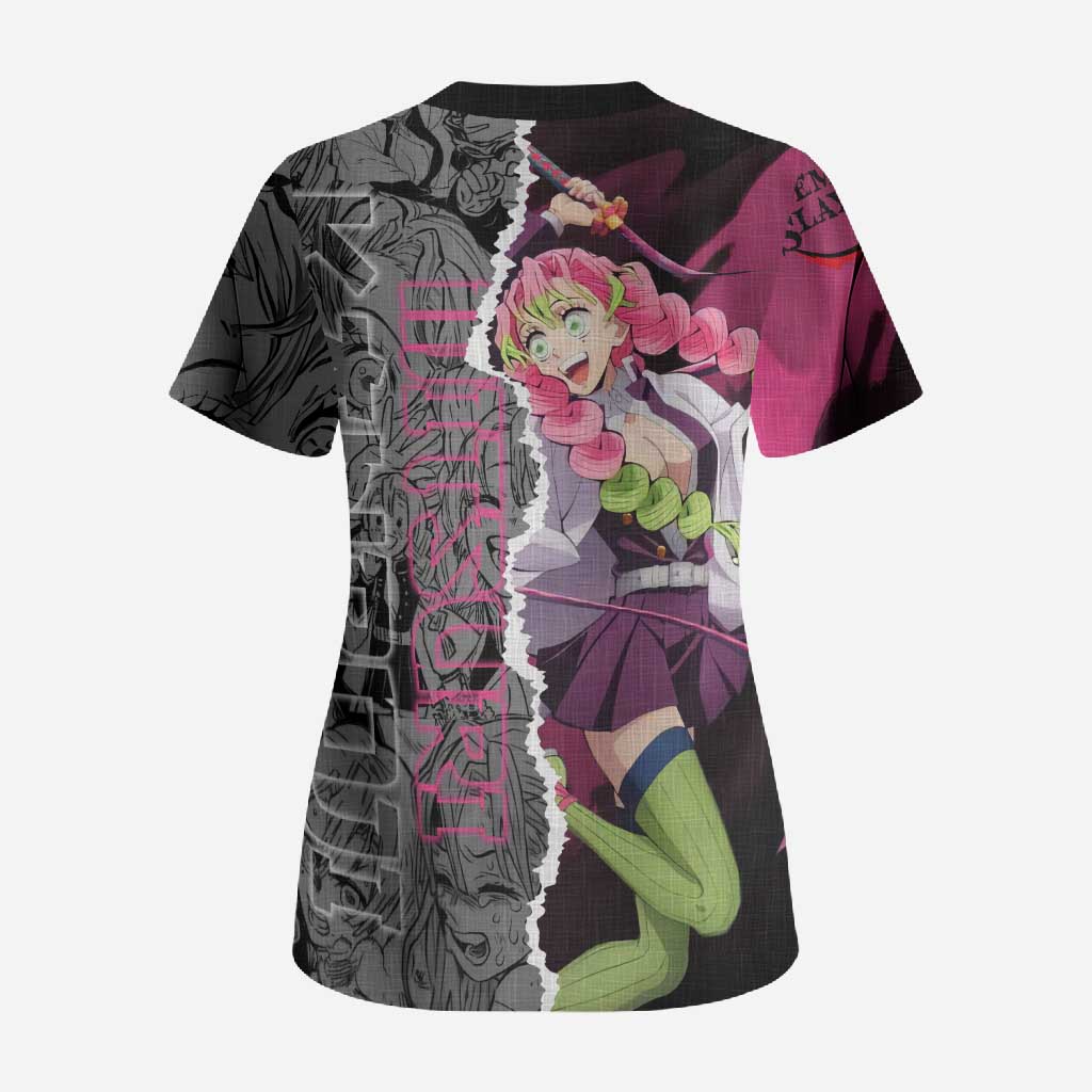 Mitsuri Kanroji Demon Slayer Pink and Black Design Scrub Top with Manga Panels and Love Hashira Theme - The Mazicc