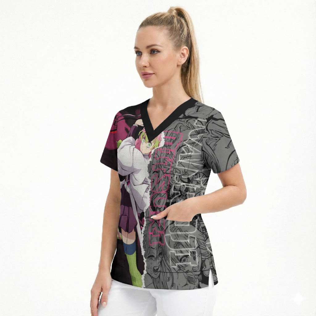 Mitsuri Kanroji Demon Slayer Pink and Black Design Scrub Top with Manga Panels and Love Hashira Theme - The Mazicc