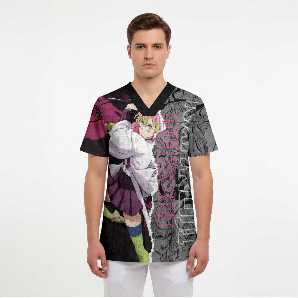 Mitsuri Kanroji Demon Slayer Pink and Black Design Scrub Top with Manga Panels and Love Hashira Theme - The Mazicc