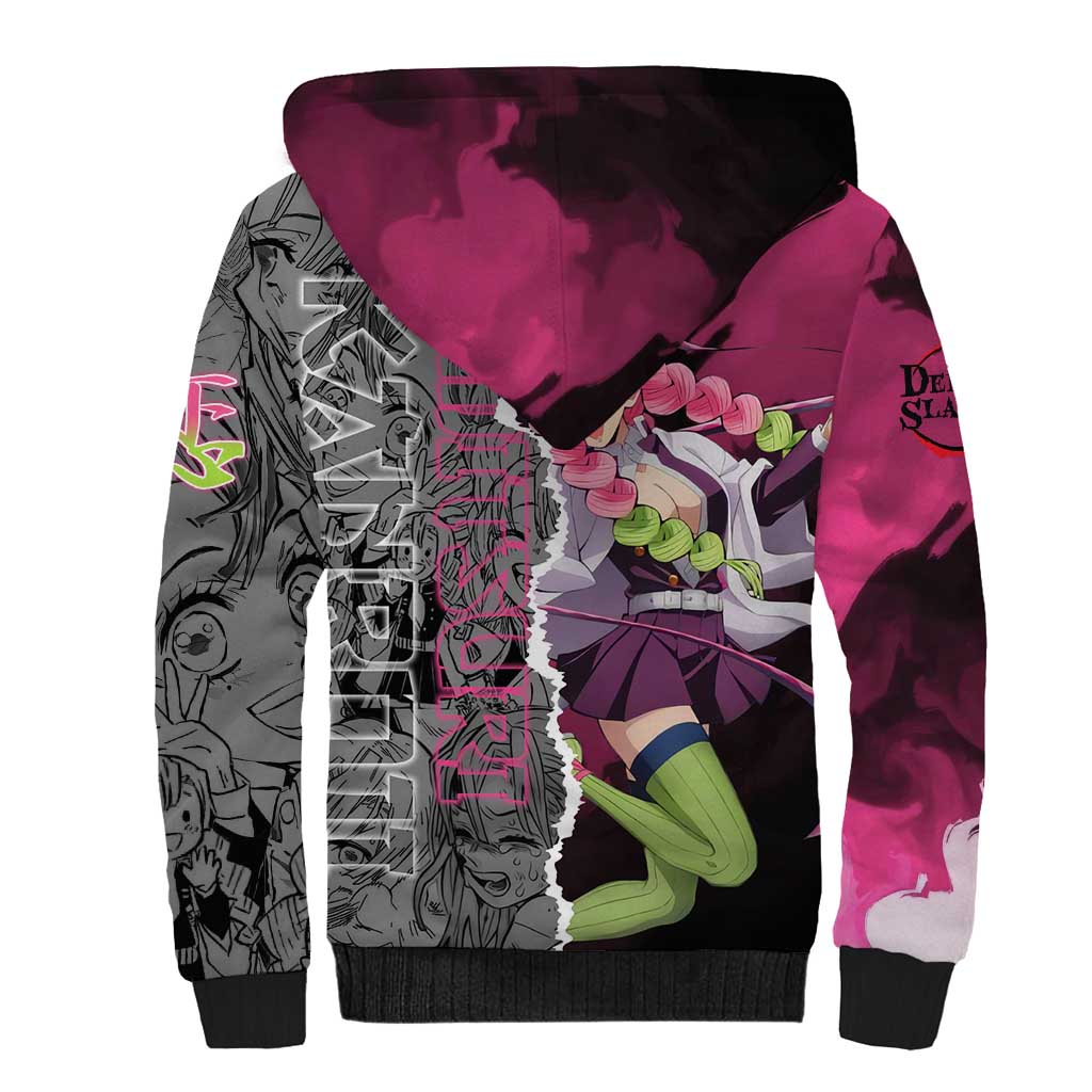 Mitsuri Kanroji Demon Slayer Pink and Black Design Sherpa Hoodie with Manga Panels and Love Hashira Theme - The Mazicc