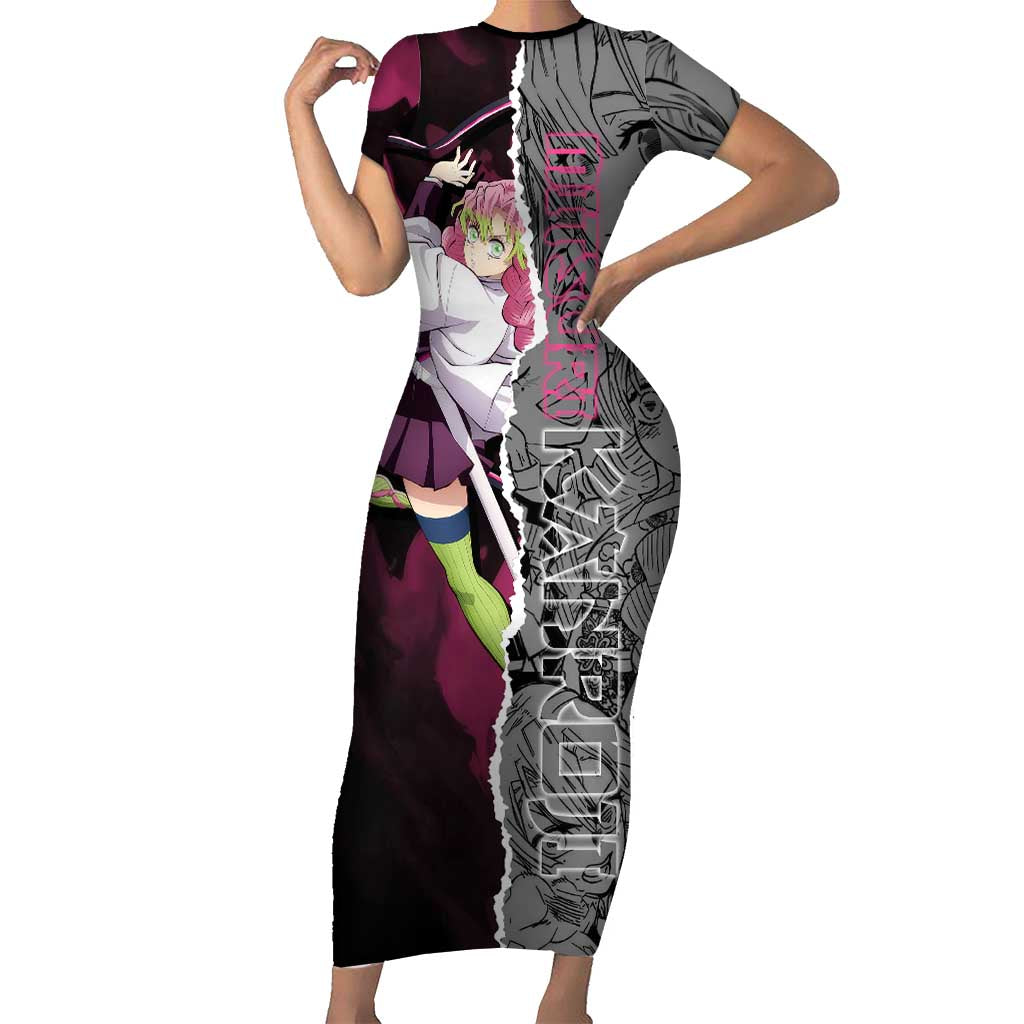 Mitsuri Kanroji Demon Slayer Pink and Black Design Short Sleeve Bodycon Dress with Manga Panels and Love Hashira Theme - The Mazicc