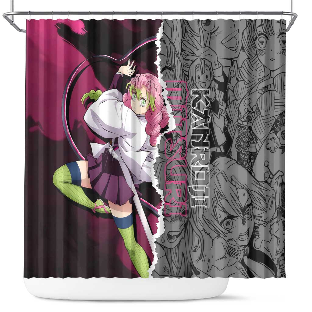 Mitsuri Kanroji Demon Slayer Pink and Black Design Shower Curtain with Manga Panels and Love Hashira Theme - The Mazicc