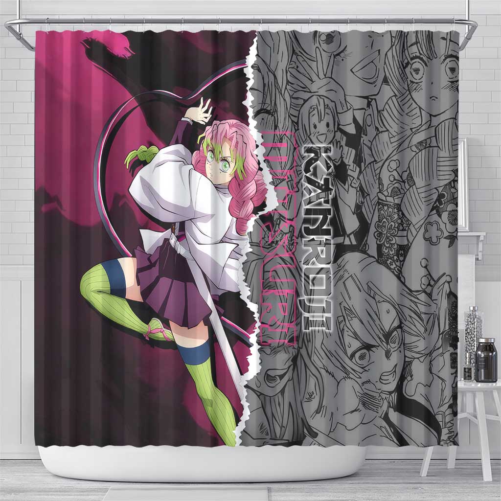Mitsuri Kanroji Demon Slayer Pink and Black Design Shower Curtain with Manga Panels and Love Hashira Theme - The Mazicc