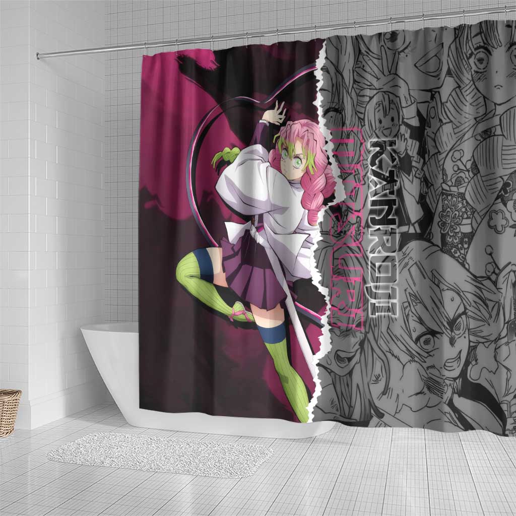 Mitsuri Kanroji Demon Slayer Pink and Black Design Shower Curtain with Manga Panels and Love Hashira Theme - The Mazicc