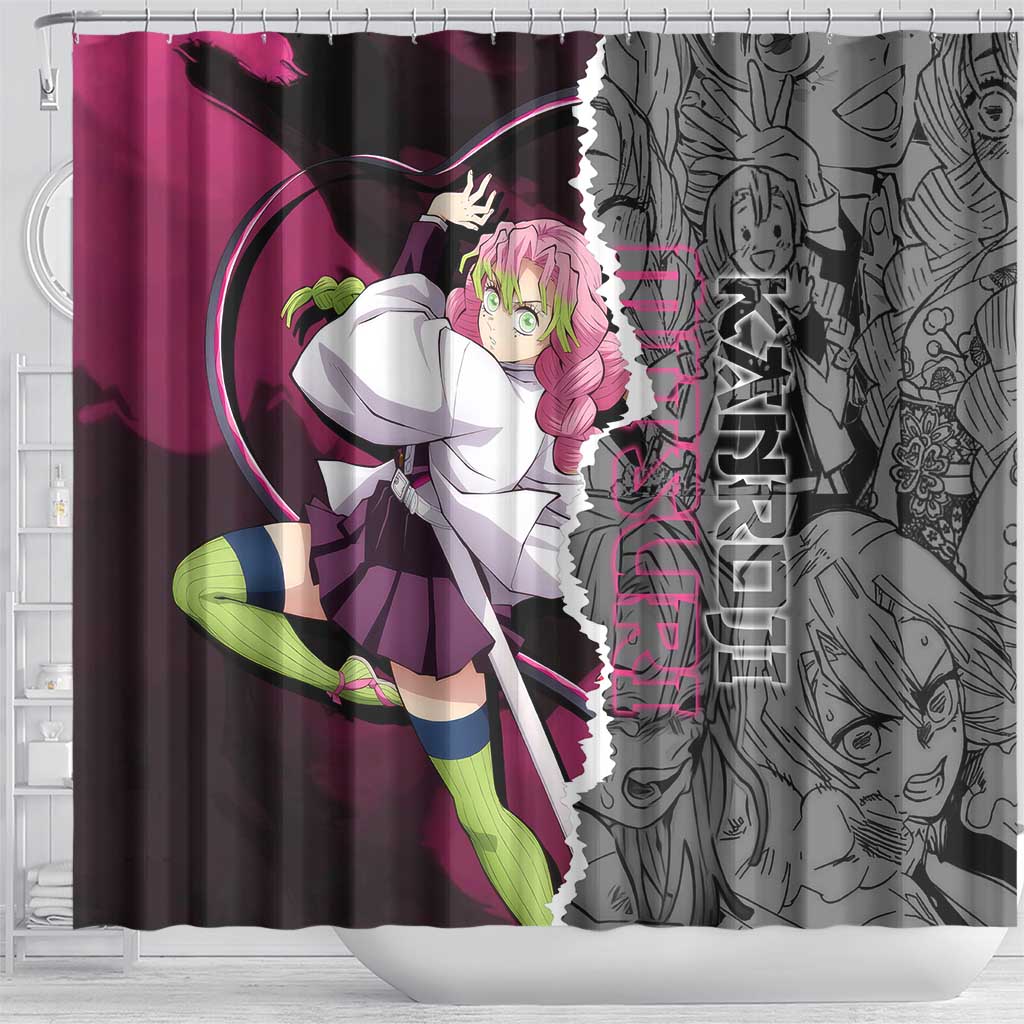 Mitsuri Kanroji Demon Slayer Pink and Black Design Shower Curtain with Manga Panels and Love Hashira Theme - The Mazicc