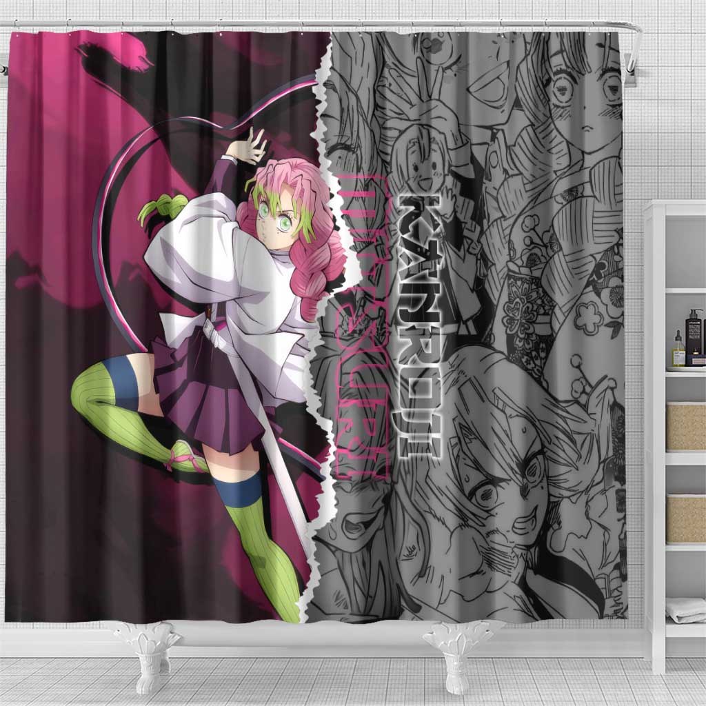 Mitsuri Kanroji Demon Slayer Pink and Black Design Shower Curtain with Manga Panels and Love Hashira Theme - The Mazicc