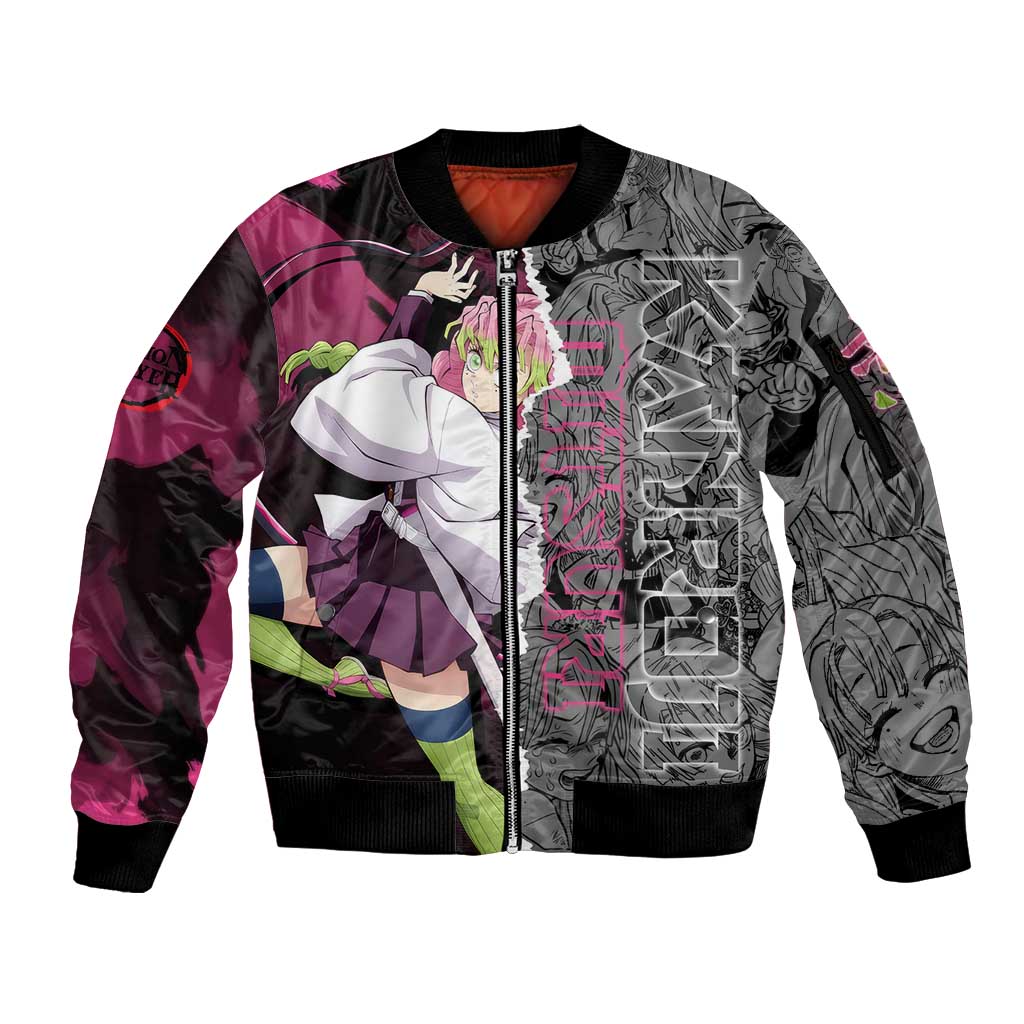 Mitsuri Kanroji Demon Slayer Pink and Black Design Sleeve Zip Bomber Jacket with Manga Panels and Love Hashira Theme - The Mazicc