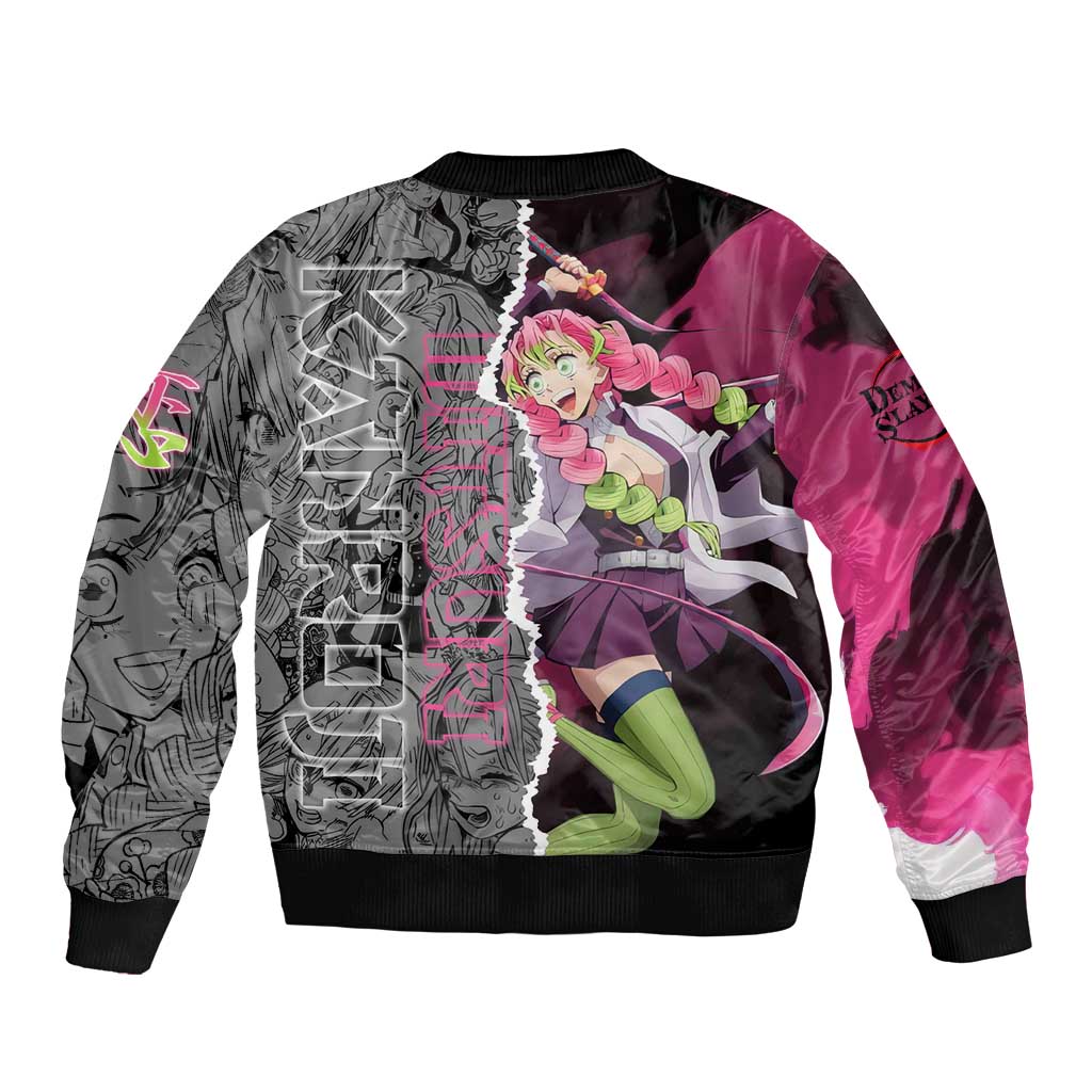 Mitsuri Kanroji Demon Slayer Pink and Black Design Sleeve Zip Bomber Jacket with Manga Panels and Love Hashira Theme - The Mazicc