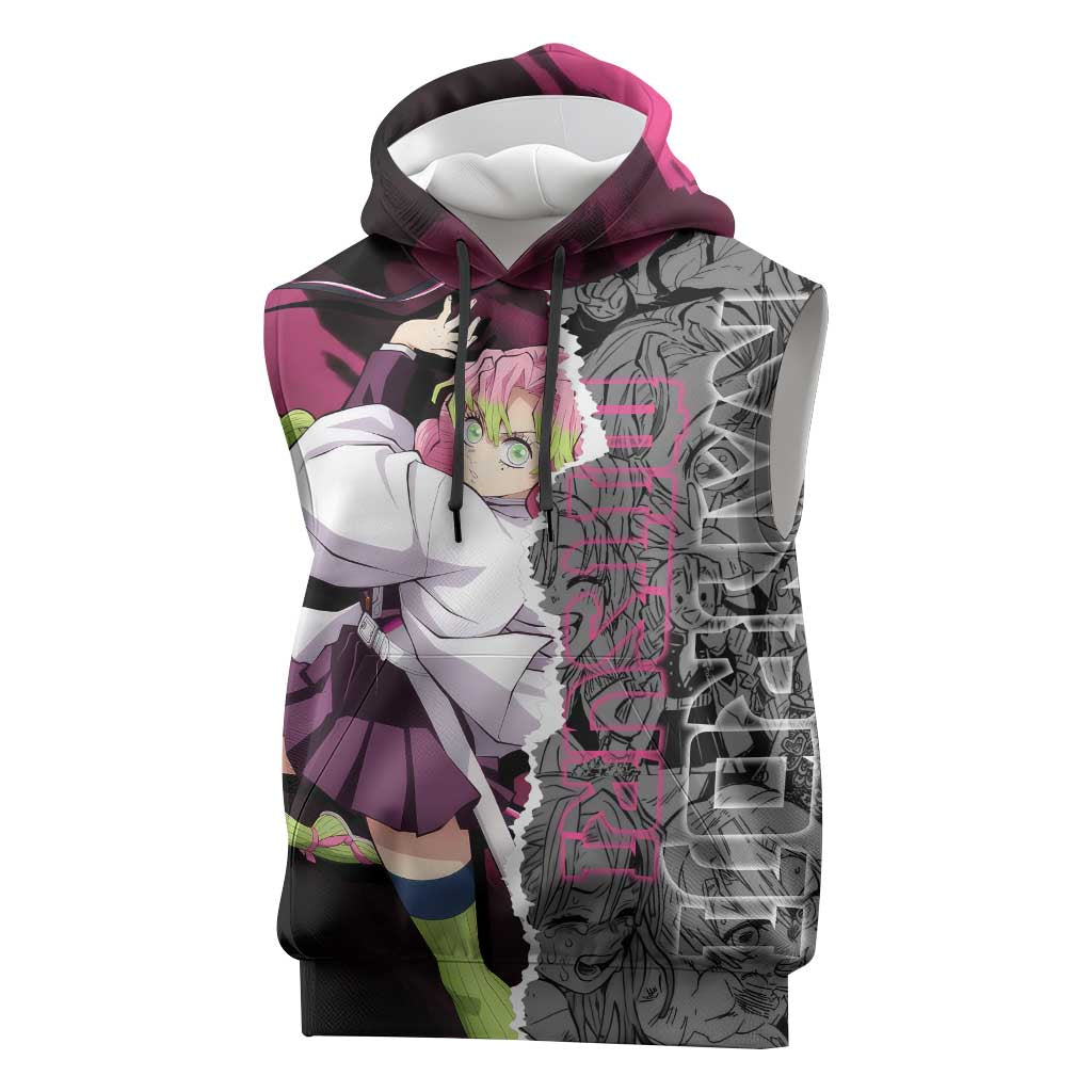 Mitsuri Kanroji Demon Slayer Pink and Black Design Sleeveless Hoodie with Manga Panels and Love Hashira Theme - The Mazicc
