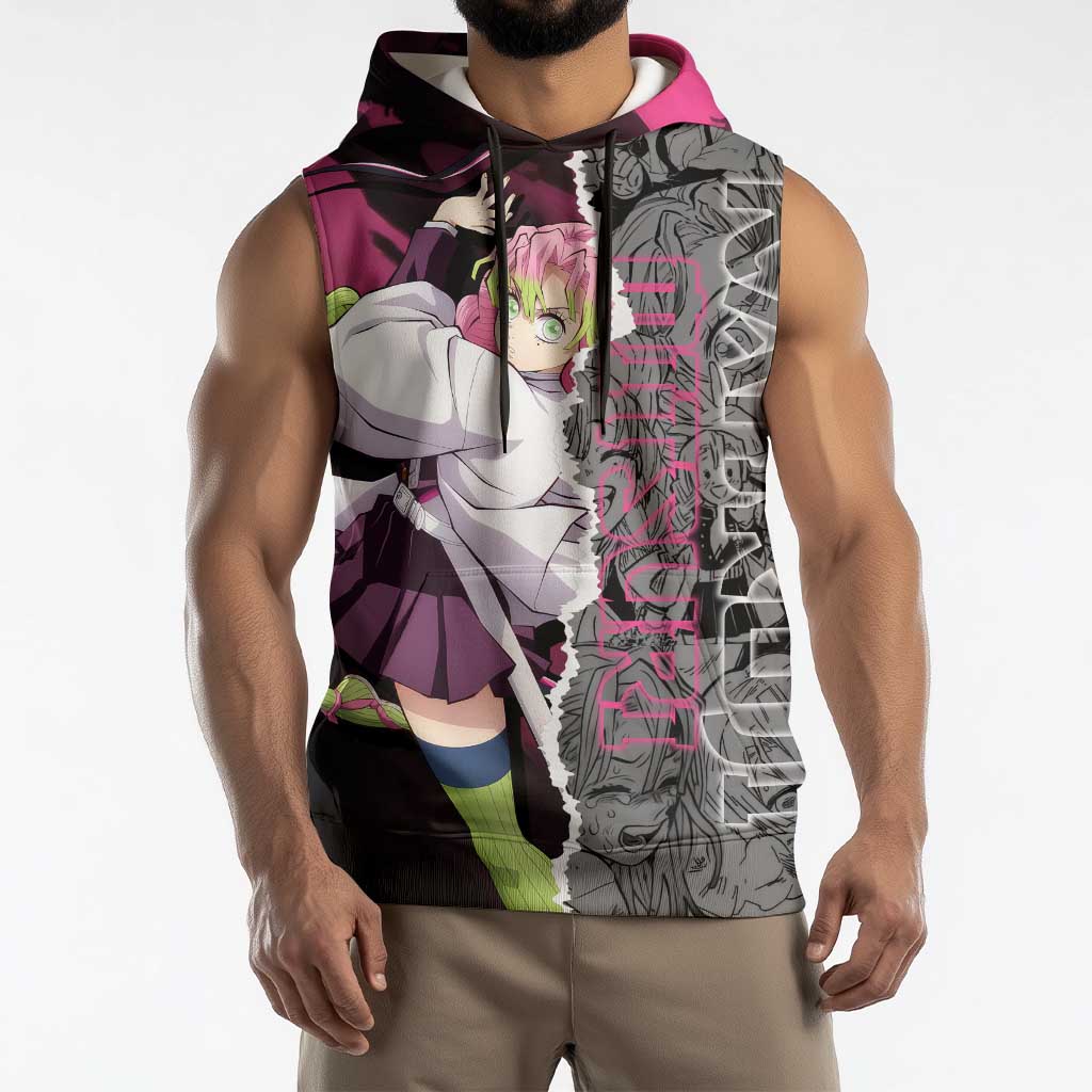 Mitsuri Kanroji Demon Slayer Pink and Black Design Sleeveless Hoodie with Manga Panels and Love Hashira Theme - The Mazicc