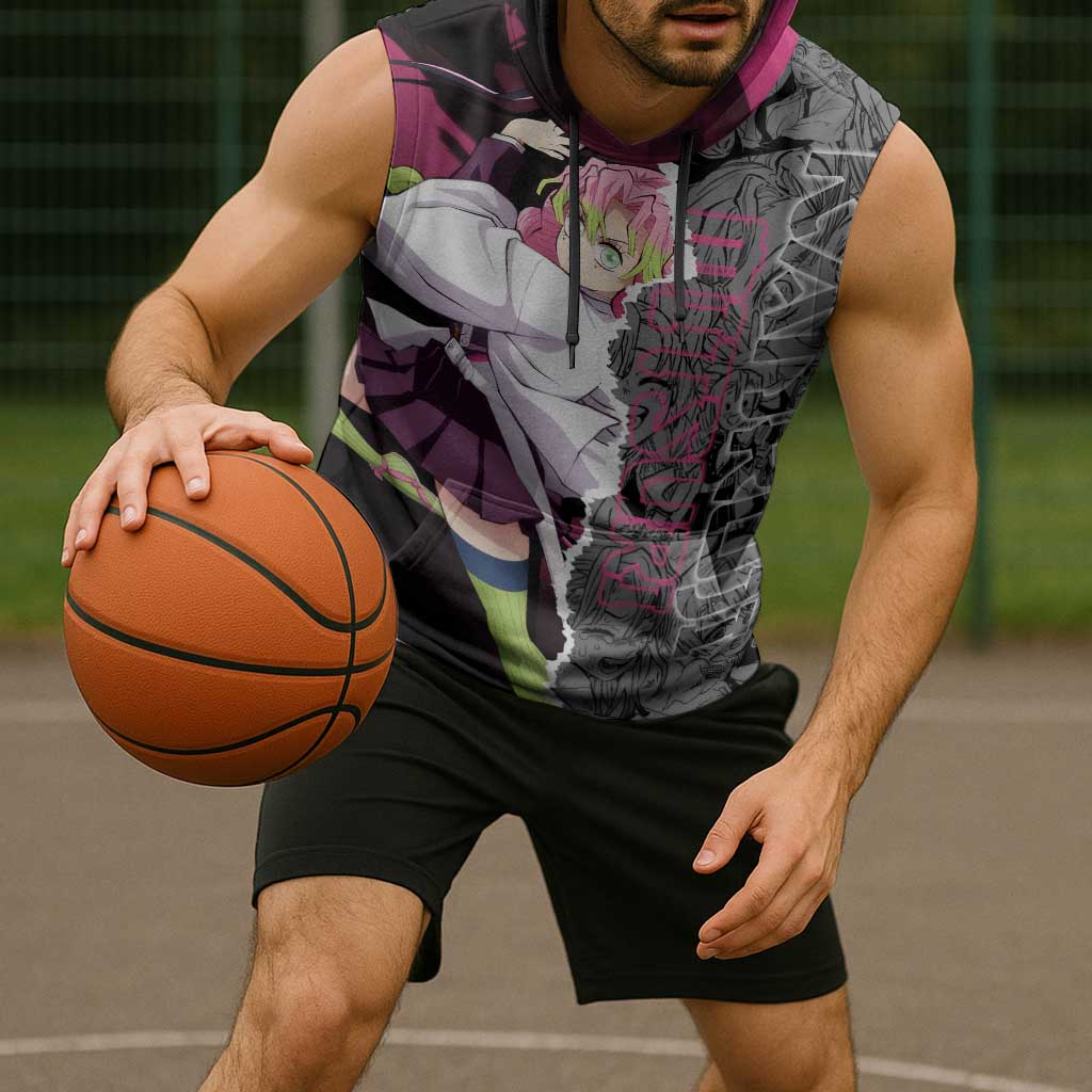 Mitsuri Kanroji Demon Slayer Pink and Black Design Sleeveless Hoodie with Manga Panels and Love Hashira Theme - The Mazicc
