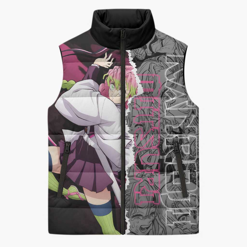 Mitsuri Kanroji Demon Slayer Pink and Black Design Sleeveless Puffer Jacket with Manga Panels and Love Hashira Theme - The Mazicc