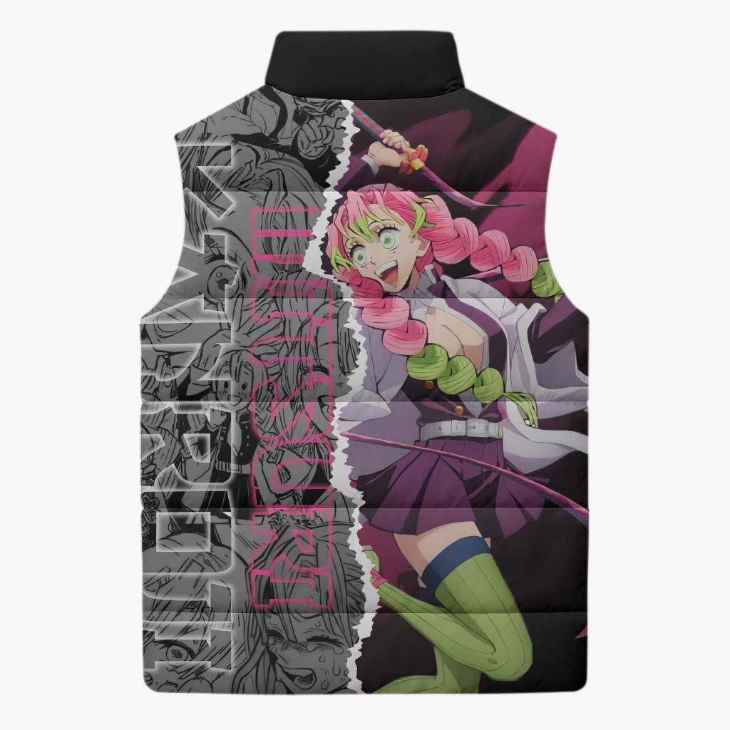 Mitsuri Kanroji Demon Slayer Pink and Black Design Sleeveless Puffer Jacket with Manga Panels and Love Hashira Theme - The Mazicc