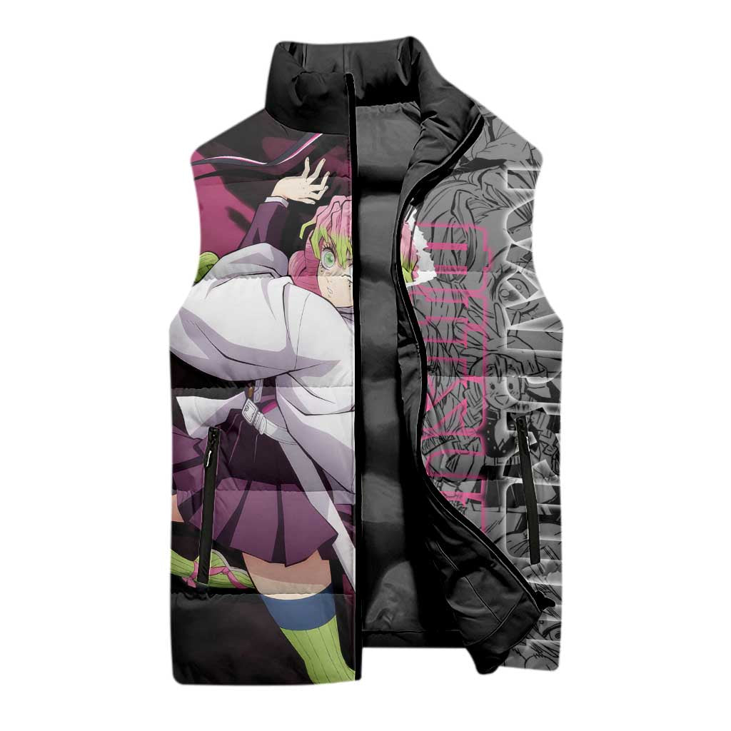 Mitsuri Kanroji Demon Slayer Pink and Black Design Sleeveless Puffer Jacket with Manga Panels and Love Hashira Theme - The Mazicc