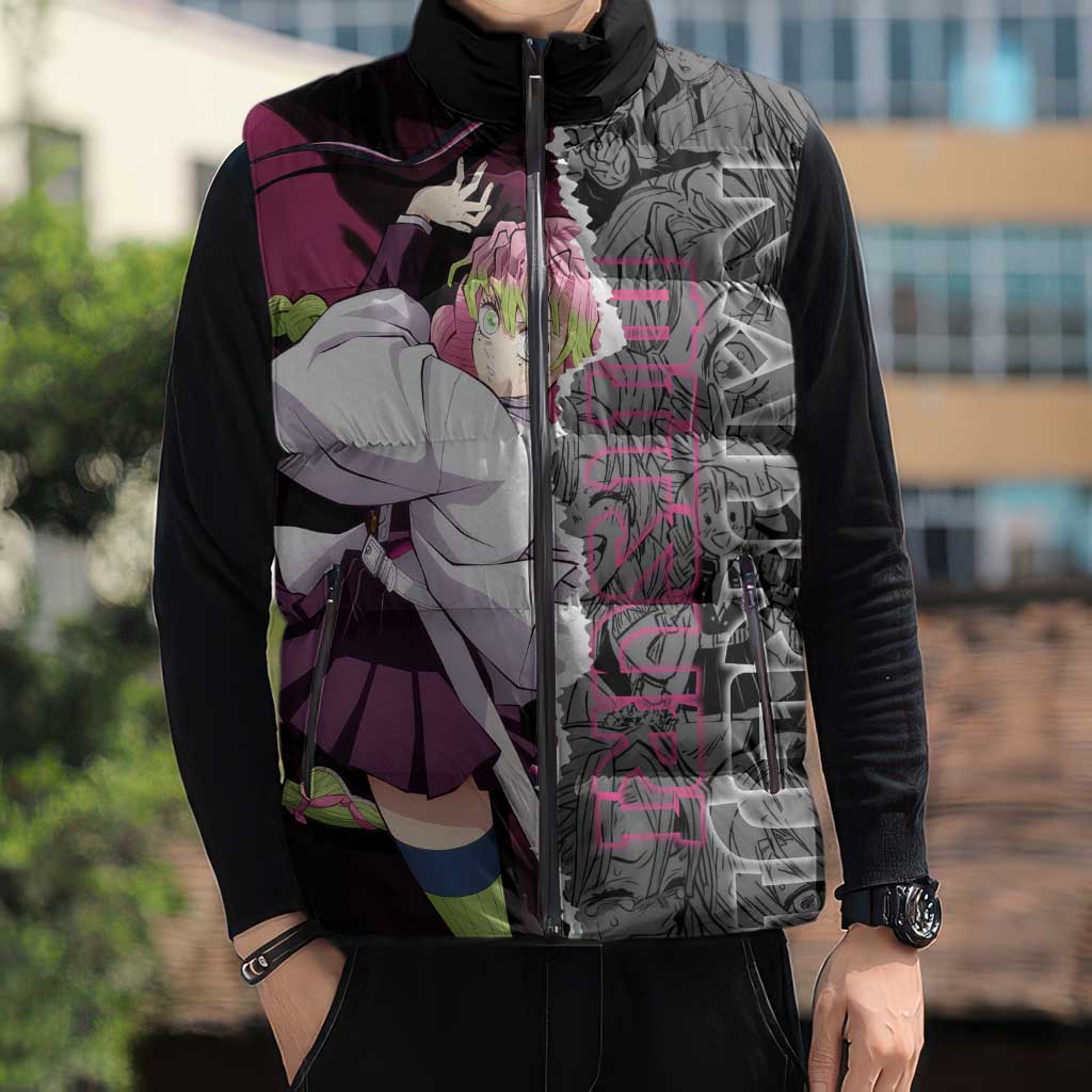 Mitsuri Kanroji Demon Slayer Pink and Black Design Sleeveless Puffer Jacket with Manga Panels and Love Hashira Theme - The Mazicc